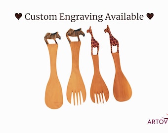 Handmade Wooden Salad Servers: Engraved Animal Handle Utensils