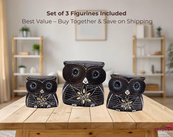 Handgeschnitzte hölzerne Eulenfiguren-Set | Rustikale Vogelskulpturen, handbemaltes Holzdekor, Geschenk für Vogelliebhaber, naturinspirierter Wohnakzent