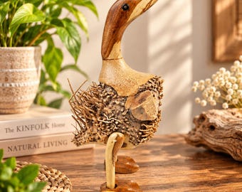 Hand Carved Wooden Duck Figurine, Rustic Farmhouse Decor, Country Cottage Bird Sculpture, Duck Lover Gift, Shelf Decor