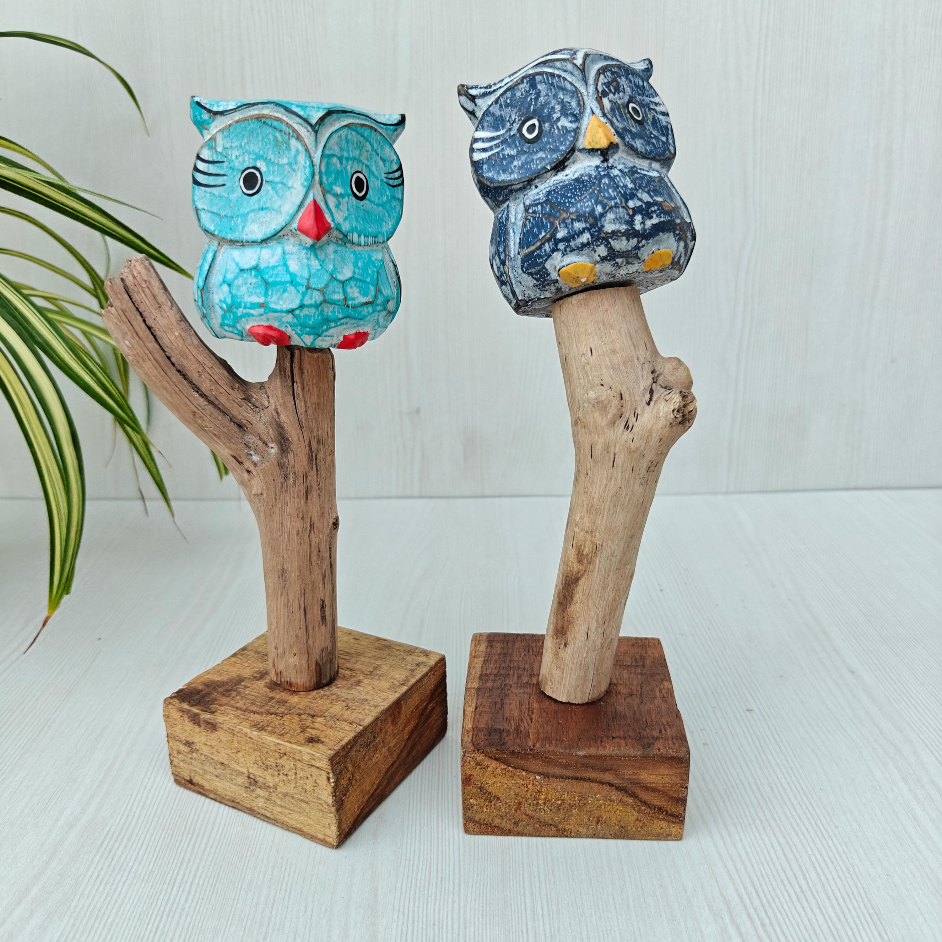 Hand Carved Wooden Owl Figurine on Stand, Woodland Bird Sculpture, Rustic Folk Art Owl Decor, Nurser