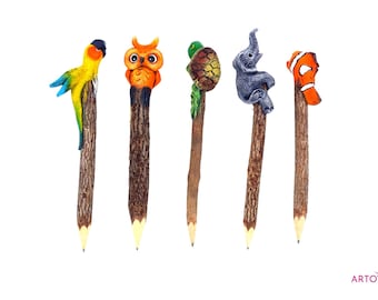 Lápis rústico de madeira com formato de animal | Artigos de papelaria ecológicos esculpidos à mão