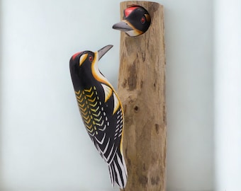 Arte mural de pájaros de madera / Escultura de madre y cría de pájaro hecha a mano / Decoración rústica de tronco de madera / Tallado inspirado en la naturaleza / Decoración de pared para el hogar