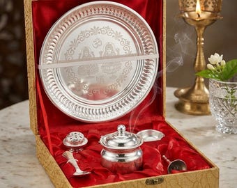 Silver Plated Pooja Thali Set with Lakshmi Ganesh Engravings | Hindu Puja Plate Gift Box
