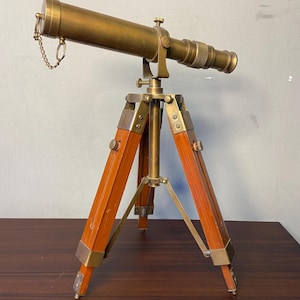 Brass Telescope in Brass Antique Finish on Brown Wooden Adjustable Tripod for Home and Office Desk Decor Gift Telescope
