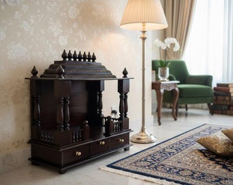 May include: A dark brown wooden temple with a tiered roof and decorative pillars. The temple features two drawers with gold-colored knobs. The background includes a patterned wall, a floor lamp, and a patterned rug.