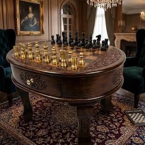 May include: A round, dark wood chess table with ornate carvings and a built-in drawer. The chessboard features gold and black chess pieces. The table is set on a patterned rug in a room with a chandelier and two green armchairs.