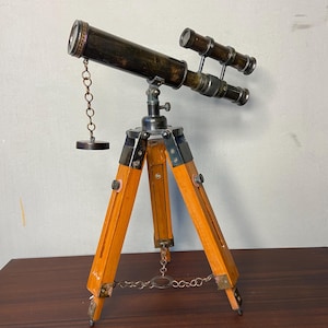 Brass Double Barrel Telescope in Antique Finish on Brown Wooden Adjustable Tripod for Home and Office Desk Decor Gift Telescope