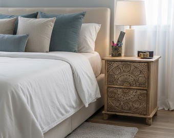 Comodino in legno di mango intagliato / Tavolino laterale con mandala floreale boho, arredamento per la casa, comodino