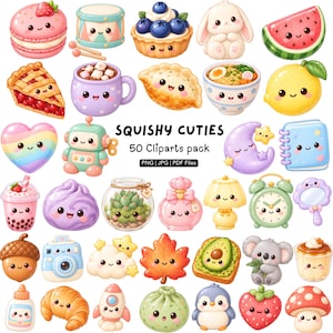 Peut inclure: Une collection de 50 illustrations numériques intitulée SQUISHY CUTIES, présentant divers personnages de style kawaii, incluant des aliments, des animaux et des objets du quotidien avec des visages souriants, disposés en grille avec des étiquettes PNG, JPG et PDF.
