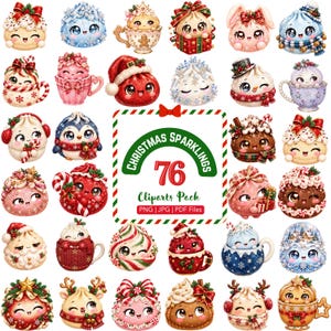 Può includere: Una collezione di 76 illustrazioni digitali a tema natalizio con personaggi carini e stilizzati in tazze, scatole regalo e abiti festivi. Il testo centrale recita CHRISTMAS SPARKLINGS 76 Cliparts Pack PNG | JPG | PDF Files.