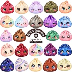 Op de afbeelding: Een verzameling van vierentwintig geïllustreerde dumplings met glittertexturen en expressieve gezichten. De centrale tekst luidt GLITTER DUMPLINGS 58 Cliparts Pack PNG | JPG | PDF Files. Elke dumpling heeft unieke kleuren en glinsteringen.