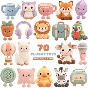 May include: A collection of 70 plush toys featuring various characters and objects including a watering can, owl, teacup, fox, crystal, potted plant, headphones, lion, suitcase, parrot, hot air balloon, llama, cow, microphone, button, pillow, duck, zebra, and radio.
