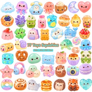 Può includere: Una collezione di 77 illustrazioni di giocattoli squishy colorati, lucidi e in stile cartone animato, raffiguranti vari animali, cibi e oggetti con facce sorridenti, tra cui una nuvola, una medusa, una sveglia, un orso, una balena e del testo.