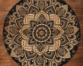 Mantel redondo de mandala floral de algodón negro y dorado, tamaño de mesa: 36, 48, 60 y 72 pulgadas