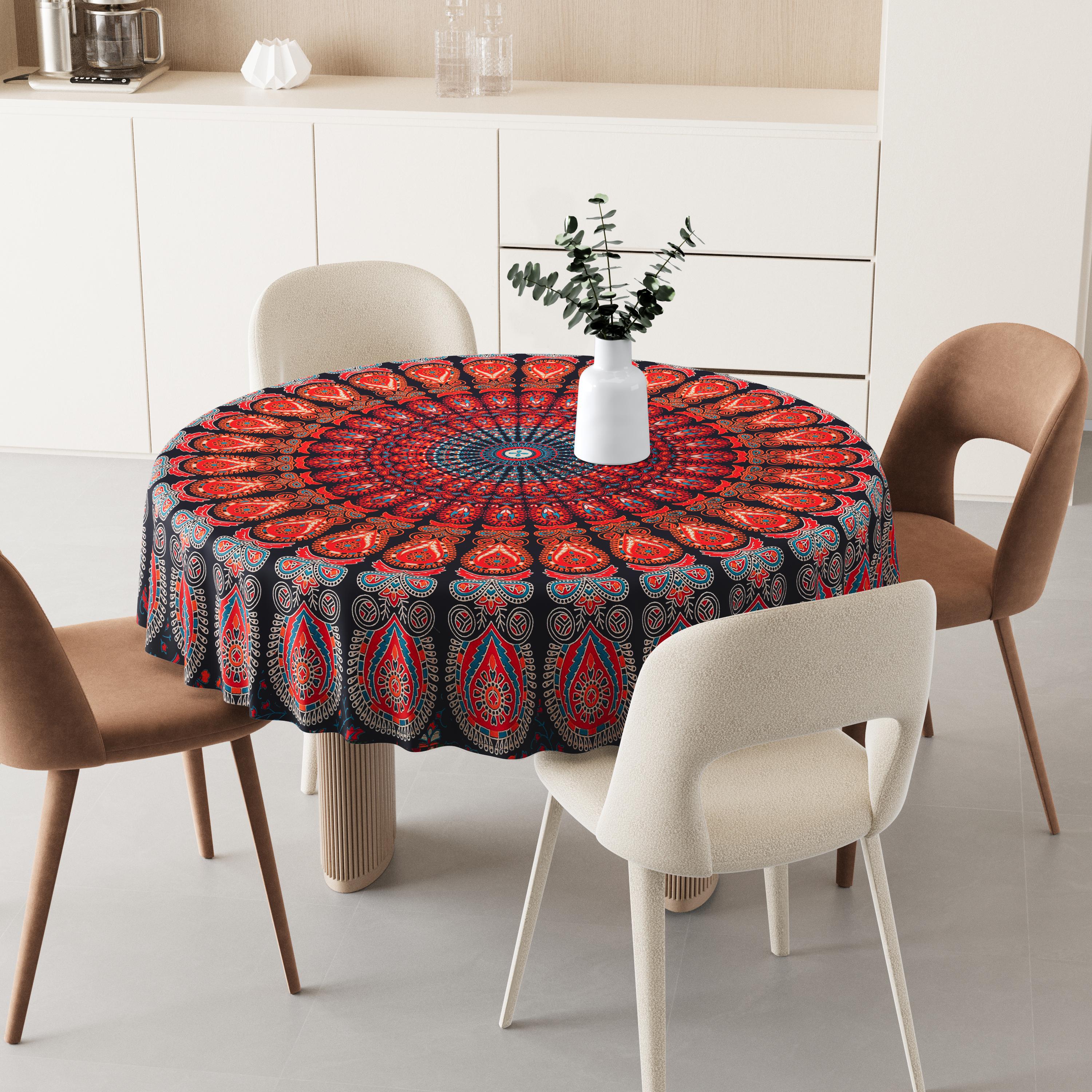 Runde Boho-Tischdecke Mit Blumen-Paisley-Muster – Wasserdicht, ölbeständig, Elastischer Rand, Für Tische 101–112 Cm, Indoor & Outdoor, Picknick, Camping