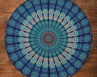 Blue Mandala Tablecloth: Round Boho Cotton Dining Decor