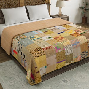 Colcha Kantha de patchwork hecha a mano, manta de cama bohemia de seda vintage tipo sari, colchas de patchwork