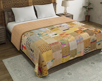 Handmade Patchwork Kantha Quilt, Vintage Silk Sari Boho Bedding Throw Blanket Patchwork Quilts