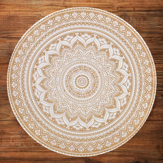 Boho Mandala Round Tablecloth: Beige & White Cotton Tapestry - Dining Decor