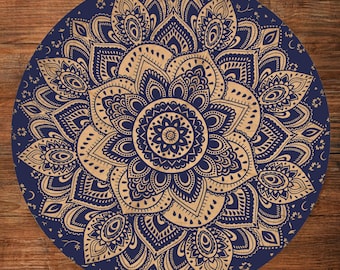 Blue Golden Mandala Round Tablecloth Boho Cotton Dining Decor Customization Size