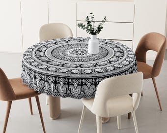 Round Mandala Tablecloth | Indian Cotton Boho Floral Elephant Print Home Decor