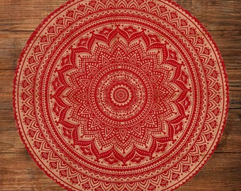 Czerwony okrągły obrus z mandalą: bawełniany obrus w stylu boho w stylu indyjskim