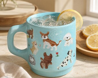 Caneca artesanal fofa com estampa de cachorro em aquarela, caneca de café exclusiva para amantes de cães, caneca de cerâmica azul estética para mães de cachorro, presente para quem ama cachorros.