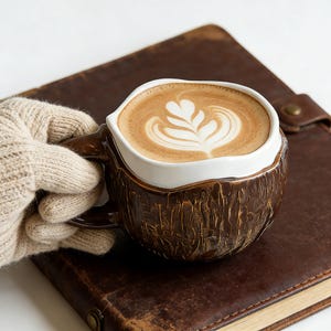 Puede incluir: Una taza de café de cerámica marrón con un exterior texturizado, llena de un café con leche con un diseño decorativo de espuma. La taza es sostenida por una mano enguantada y descansa sobre un cuaderno de cuero marrón.