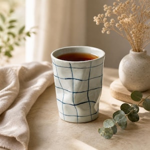 Handmade Irregular Grid Ceramic Cup Artisan Crumpled Texture Coffee Tumbler - 9oz Hand-Painted Blue Checkered Pottery Gift