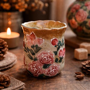 Hand-painted Rose Ceramic Cup, Scalloped Rim Vintage Pottery Tea Mug
