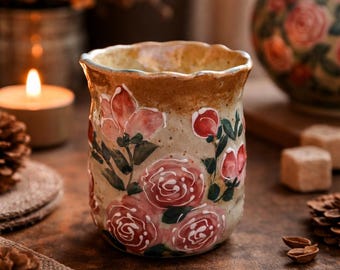 Xícara de chá vintage de cerâmica com rosas pintadas à mão e borda ondulada.
