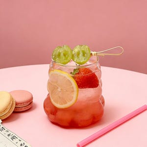 Könnte beinhalten: Ein klares Glas mit einem rosa Getränk, einer Zitronenscheibe und einer Erdbeere. Zwei grüne Trauben sind mit einem goldfarbenen Spieß aufgespießt. Ein rosa Strohhalm und zwei Makronen liegen auf einer rosa Oberfläche.