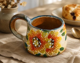 Handmade Sunflower Ceramic Coffee Mug, Hand-painted Floral Tea Cup,  Unique Gift for mother, 10oz Artisanal Latte Cup