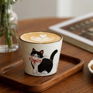 Handmade Cat Ceramic Coffee Mug, Cute Hand-painted Kitten Tea Cup,  Aesthetic Pottery, Unique Gift for Cat Lovers, 8oz Latte Cup