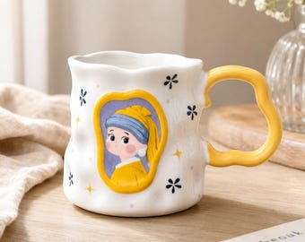 Caneca de cerâmica "Moça com Brinco de Pérola", presente estético para amantes da arte, cerâmica com pintura famosa e charmosa, presente de aniversário exclusivo, 325ml, caneca feminina.