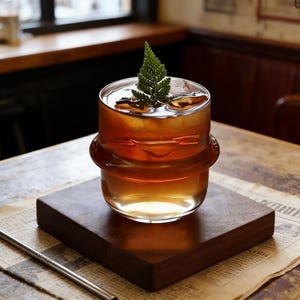May include: A distinctive glass filled with a brown beverage, ice cubes, and a sprig of green fern. The glass rests on a dark wooden square. A metal straw and newspaper are in the background. The drink looks inviting.