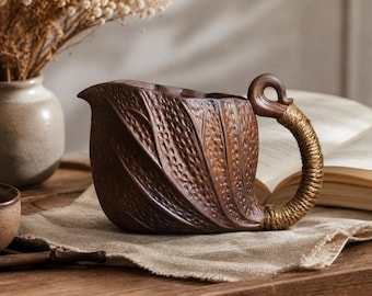 Caneca de cerâmica artesanal com textura de folha - 230ml, xícara de café rústica com alça de barbante - Caneca de chá Wabi Sabi, cerâmica única com toque natural, presente para amantes da natureza