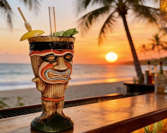 Caneca Tiki Divertida com Homem-Macaco - Copo de Coquetel de Cerâmica Artesanal - Utensílio Exótico para Festa Havaiana Luau - Caneca de Totem Tribal de 250ml para Rum, Mai Tai
