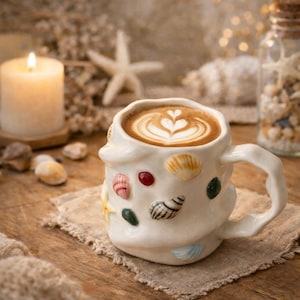 Handgemachte Muschel-Keramikbecher, Ästhetische Strand-Kaffeetasse, Unregelmäßige gewellte Keramik-Teetasse, 3D-Muschel-Seestern-Küstendekor-Tasse.