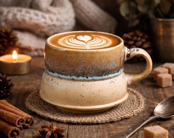Speckled Stoneware Ceramic Cup, Two-Tone Reactive Glaze, Rustic Earthy Coffee Mug.