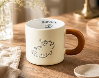 Caneca de cerâmica Chubby Cat, caneca de café com gato gordinho em relevo 3D, 384 ml (13 oz), caneca de cerâmica fofa de gatinho para amantes de café, presente de aniversário para colega de trabalho.