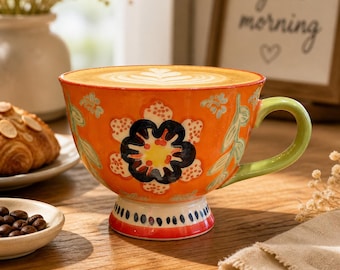 Caneca Boho com Estampa Floral Pintada à Mão, Taça de Cerâmica Vibrante, Caneca de Café com Base em Estilo Marroquino, Presente Exclusivo para Amantes de Chá, Caneca para Latte de 414ml