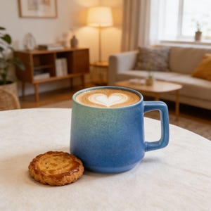 Puede incluir: Una taza de cerámica azul con un café con leche con un diseño en forma de corazón, sobre una superficie blanca. Una galleta redonda, dorada, está junto a la taza. La taza tiene un asa cuadrada y un degradado de color azul a verde.