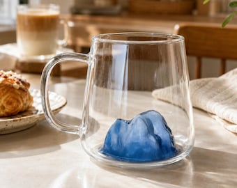Caneca de café exclusiva, utensílio de cozinha estético, vidro artesanal, caneca de vidro com montanha em 3D, caneca de vidro transparente com montanha, presente criativo para ele/ela no escritório.