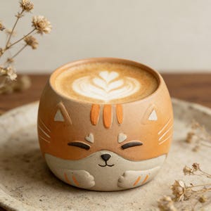 May include: A ceramic coffee mug shaped like a cat's face, filled with a latte. The mug is tan with orange accents and white details. The latte art features a heart design. The mug sits on a light-colored plate.