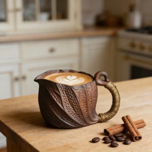 May include: A brown ceramic coffee cup with a leaf-like design, filled with latte art. The handle is wrapped with a gold-coloured material. Cinnamon sticks and coffee beans are on the wooden table.
