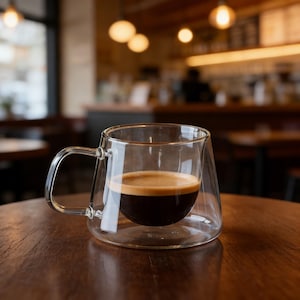 Könnte beinhalten: Eine transparente Kaffeetasse mit Henkel, gefüllt mit dunklem Kaffee und einer Schicht Crema. Die Tasse steht auf einem Holztisch, mit einem verschwommenen Café-Hintergrund.