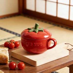 May include: A red ceramic tomato-shaped mug with a green stem and lid, featuring the embossed text "TOMATO HUG". The mug sits on a wooden chopping board, with fresh tomatoes and bread nearby. A unique kitchenware item.