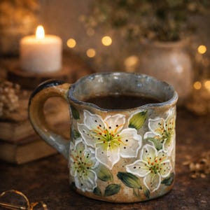 Handmade Floral Ceramic Coffee Mug, Vintage Scalloped Edge Tea Cup, Hand-painted Flower Pottery,  Cottagecore Gift, Aesthetic Latte Mug