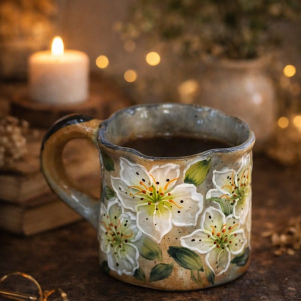 Tasse à café en céramique florale faite main, tasse à thé vintage à bords festonnés, poterie de fleurs peinte à la main, cadeau Cottagecore, tasse à latte esthétique